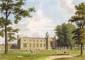 Vista das Escolas e Dormitórios do Sul da Escola de Rugby do Playground, da "History of Rugby School", parte de "History of the Colleges", gravada por Joseph Constantine Stadler (fl.1780-181